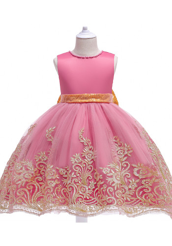Kids Girl Zomer Roze Formele Party Luxe Bloem Pluizige Grote Boog Mouwloze Prinses Tutu Prom Dress