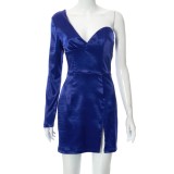 Frauen Frühling Blau Sexy V-Ausschnitt One Sleeve Solid Slit Mini Bodycon Kleid