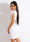 Frauen Sommer Weiß Sexy V-Ausschnitt Ärmellos Quaste Knielanges, figurbetontes Kleid