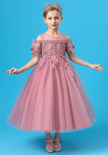 Yaz Çocuk Kız Pembe Çiçek Nakış Dantel Örgün Parti Balo Prenses Elbise