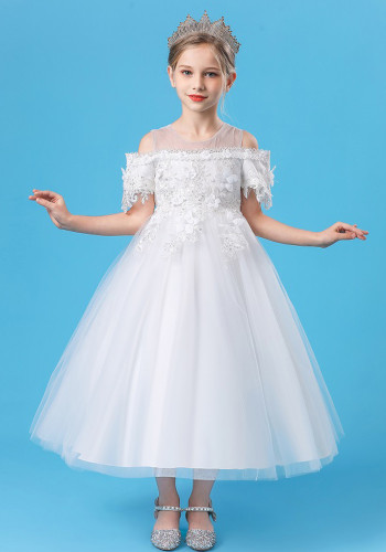 Summer Kids Girl White Flower Embroidery Lace Formal Party Ball Princess Dress