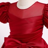 Kids Girl Summer Red Puff Sleeve Fluffy Big Bow Formal Party Long Princess Dress