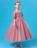 Sommer Kinder Mädchen Rosa Blumenstickerei Spitze Formale Party Ball Prinzessin Kleid