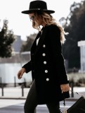 Women Winter Black Vintage Turn-down Collar Full Sleeves Solid Regular Double Breasted Blazer