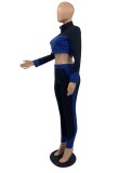Women Spring Blue V-neck Full Sleeves High Waist Contrast Zippers Tight Full Length Tracksuit