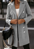 Women Winter Grey Vintage Turn-down Collar Full Sleeves Solid Regular Double Breasted Blazer
