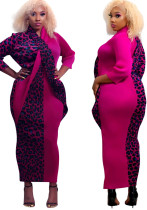 Vestido largo recto de talla grande con estampado de leopardo y manga larga con cuello en V y rosa de primavera para mujer