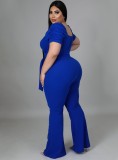 Frauen Sommer Blau Formal Sweetheart Neck Short Sleeves Solide Belted Full Length Regular Plus Size Overall