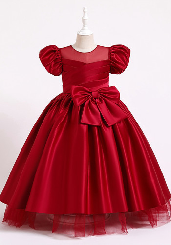 Kinderen meisje zomer rode bladerdeeg mouw pluizige grote boog formele partij lange prinses jurk