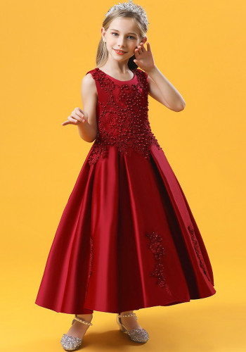 Çocuklar Kız Yaz Şarap Kırmızı Kolsuz Boncuklu Resmi Parti Uzun Prenses Elbise