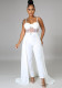 Women Summer White Formal Strap Patchwork See Through Belted Cape Jumpsuit