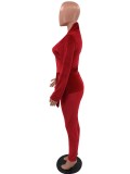 Frauen Frühling Rot Sexy V-Ausschnitt Volle Ärmel Fester Samt Gürtel Regular Zweiteilige Hosen Set