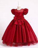 Kids Girl Summer Red Puff Sleeve Fluffy Big Bow Formal Party Long Princess Dress