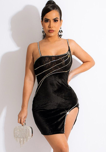 Women Summer Black Sexy Strap Lace Patch Velvet Beading Mini Slit Club Dress