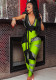 Women Summer Green Sexy V-neck Sleeveless Leopard Print Contrast Belted Full Length Skinny Jumpsuit