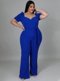 Frauen Sommer Blau Formal Sweetheart Neck Short Sleeves Solide Belted Full Length Regular Plus Size Overall