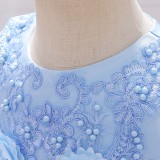 Kids Girl Summer Blue Sleeveless Flower Fluffy Tutu Formal Party Princess Dress