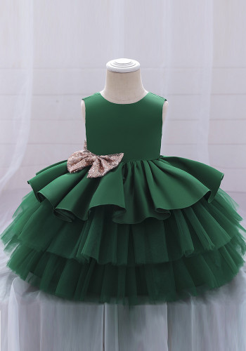 Été vert enfants fille sans manches fête formelle moelleux grand arc Tutu robe de princesse
