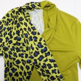 Frauen Frühling Grün Elegant V-Ausschnitt Volle Ärmel Leopard Print Patchwork Gerade Plus Size Langes Kleid