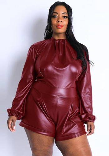Women Spring Burgunry Sexy Halter Full Sleeves Solid Backless Regular Plus Size Jumpsuit