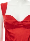 Frauen Sommer Rot Sexy Strap Sleeveless Solid Satin Rüschen Mini Asymmetrisches Clubkleid