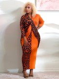 Damen Frühling Orange Elegant V-Ausschnitt Volle Ärmel Leopardenmuster Patchwork Gerade Übergröße Langes Kleid