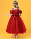 Sommer Kinder Mädchen Rote Blumenstickerei Spitze Formale Party Ball Prinzessin Kleid
