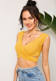 Damen Sommer Gelb V-Ausschnitt Solid Lace Up Short Tank Tops