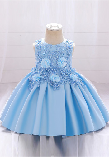 Vestido de princesa para festa infantil sem manga azul verão sem manga flor tutu formal