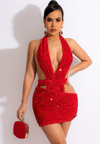 Women Summer Red Sexy Halter Sleeveless Sequined Hollow Out Bodycon Dress