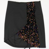 Primavera sexy negro contraste lentejuelas vendaje manga larga crop top y mini vestido conjunto de dos piezas