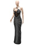 Halter sexy negro de verano para mujer con vestido maxi de manga larga con diamantes de imitación