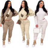 Frauen Winter Khaki Casual O-Ausschnitt Lange Ärmel Einfarbiges Top und Hose Großhandel 2 Stück Sets