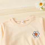 Girl Spring Beige Flower Emb Round Neck Long Sleeve T Shirt