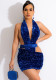 Women Summer Blue Sexy Halter Sleeveless Sequined Hollow Out Bodycon Dress