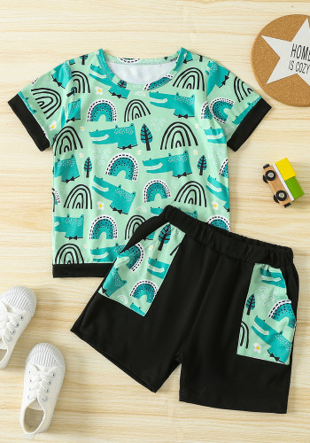 Conjunto de t-shirt e calções de manga comprida com estampa de verão para menino e gola redonda de duas peças