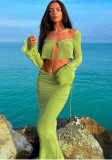 Frühling Sexy Grün aushöhlen U-Ausschnitt Langarm Crop Top und langes Kleid zweiteiliges Set