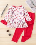 Girl Spring Red Heart Print Long Sleeve Round Neck Top And Pant Two Piece Set
