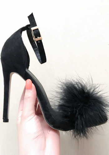 Elegant Black Fake Fur Peep-Toe High-Heeled Shoes