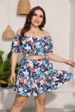 Women Summer Sweet Off-the-shoulder Short Sleeves Floral Print Plus Size Two Piece Skirt Set