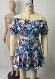 Conjunto de falda de dos piezas de talla grande con estampado floral de manga corta y hombros descubiertos de verano para mujer