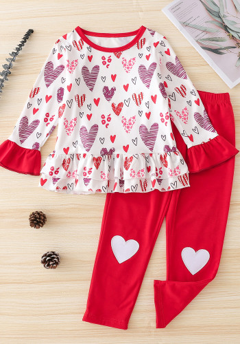 Kız Bahar Kırmızı Kalp Desenli Uzun Kollu Yuvarlak Yaka Üst Ve Pantolon İki Parça Takım