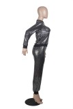 Damen Frühling Schwarz Mode O-Ausschnitt Lange Ärmel Glänzendes Top und Hose Großhandel 2 Stück Sets