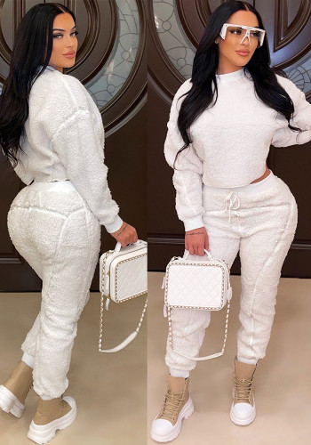 Kadın Kış Beyaz Rahat O-Boyun Uzun Kollu Katı Üst Ve Pantolon Toptan 2 Parça Setler