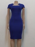 Frauen-Sommer-blauer reizvoller quadratischer Kragen-Kurzschluss-Hülsen-festes Midi-Kleid