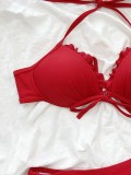 Traje de baño de dos piezas con volantes halter sexy con correa roja para mujer
