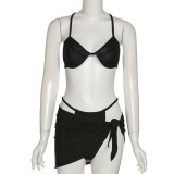 Sexy Black Push Up Strap Backless Cover Up Bademode 3-teiliges Set
