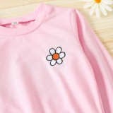 Mädchen Frühlings-Rosa-Blumen-Emb-Rundhals-Langarm-T-Shirt