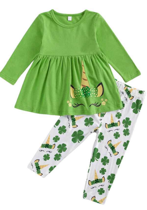Conjunto de dos piezas de top y pantalón de manga larga con estampado de dibujos animados del día de Patrick'S Day verde primavera para niña