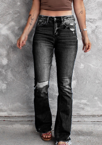 Calça jeans rasgada feminina primavera preta cintura média
